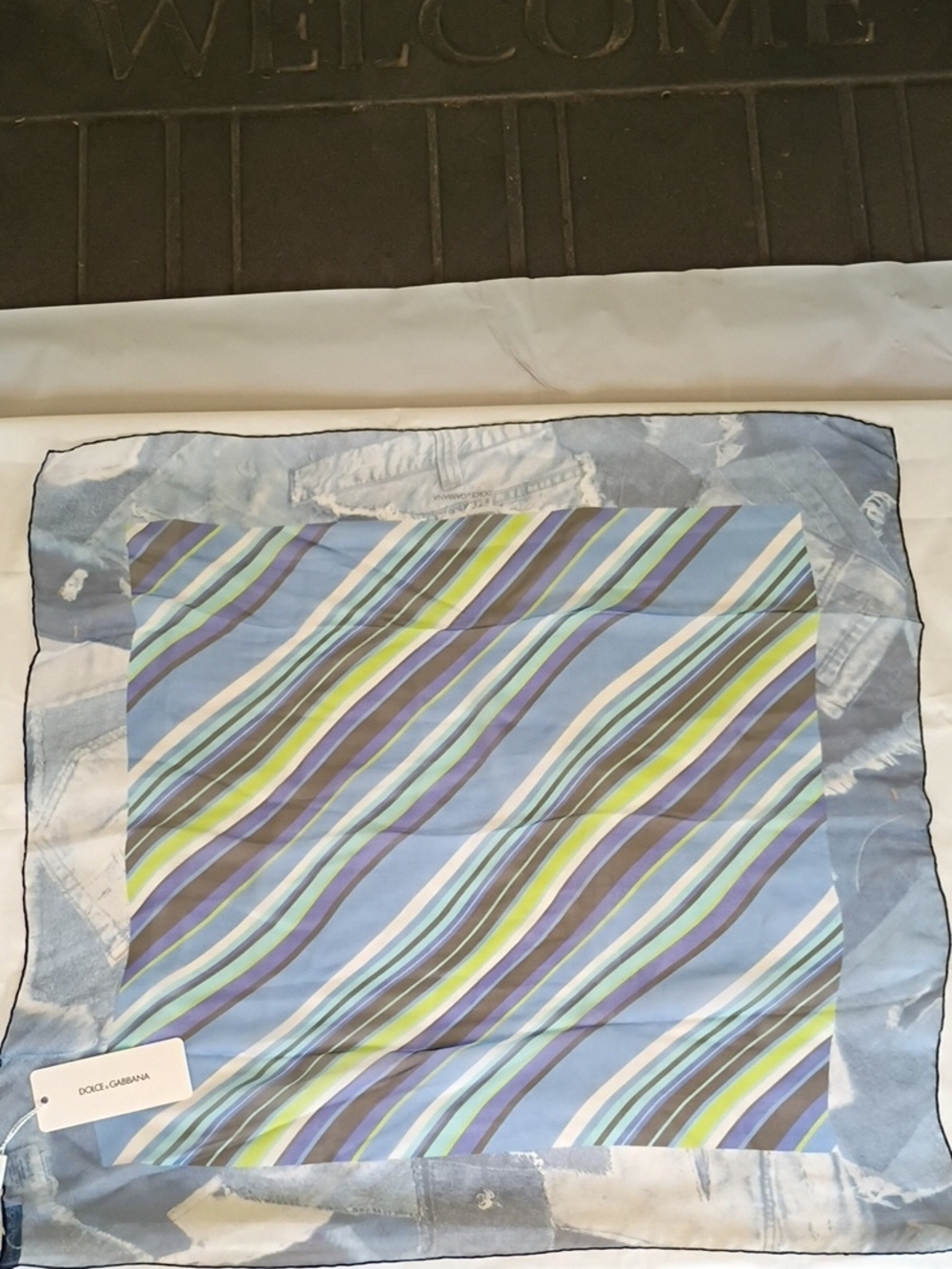 Dolce & Gabbana Blue, Lime and Navy Diagonal Stripe Silk Scarf